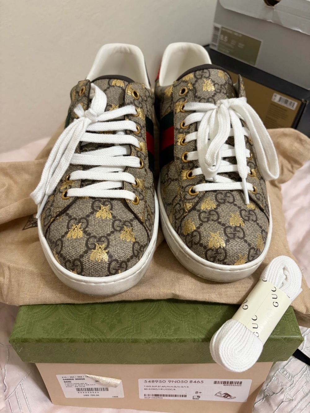 GG Supreme Monogram Bees Ayers Web Ace Sneakers Beige Oro Green Red